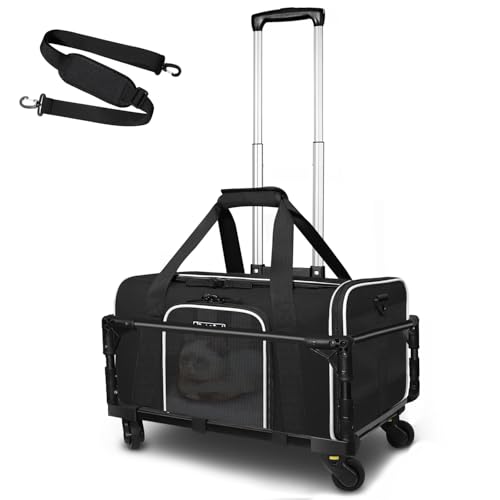 Small Pet Carrier 17"x12"x8.5" with Wheels Airline Approved, Black | for JetBlue/Frontier/Spirit Airlines, Lockable Safety Zippers and Anti-Scratch Mesh, Pets Under 8 lbs - color: Black and Wheeled, size: 17.0"L x 12.0"W x 8.5"H