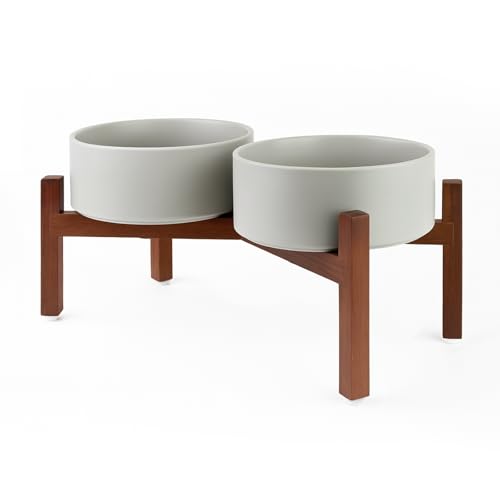 SPUNKYJUNKY Raised Ceramic Dog Bowls Set with Non-Slip Acacia Wood Stand for Medium Sized Dog(42.27 OZ, Gray) - color: Gray, size: 42.27 Oz