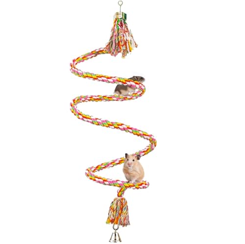 SunGrow Rope Perch for Parrots, 59” Long, Bungee Bird Toy, Brightly Colored Handmade Chew Toy, Spiral Design with Jingling Bell