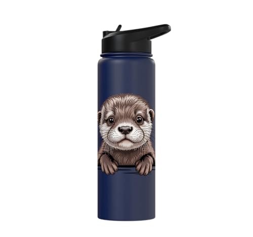 Cute Otter Pup Funny Peeking Pocket Animals Stainless Steel Insulated Water Bottle - color: Navy Blue