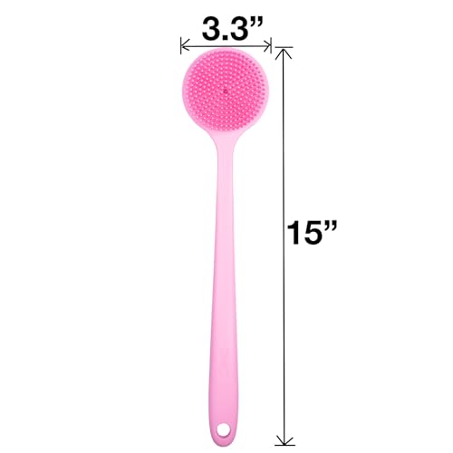 DNC Silicone Back Scrubber for Shower, Soft Bath Body Brush with Long Handle (Pink) - color: Pink
