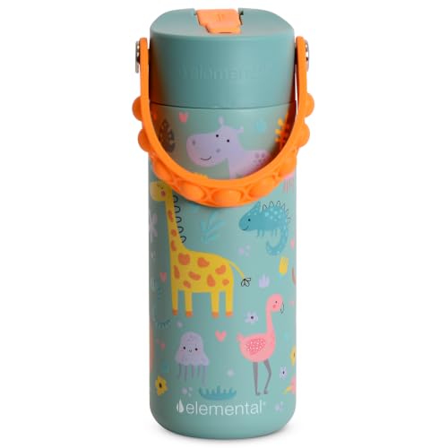 Elemental Insulated Kids Water Bottle, Stainless Steel Water Bottle with Straw Lid & Pop-It Handle, Leak-Proof Water Bottles for School, Boys or Girls, Travelling and Sports, 18oz - Safari - color: Safari