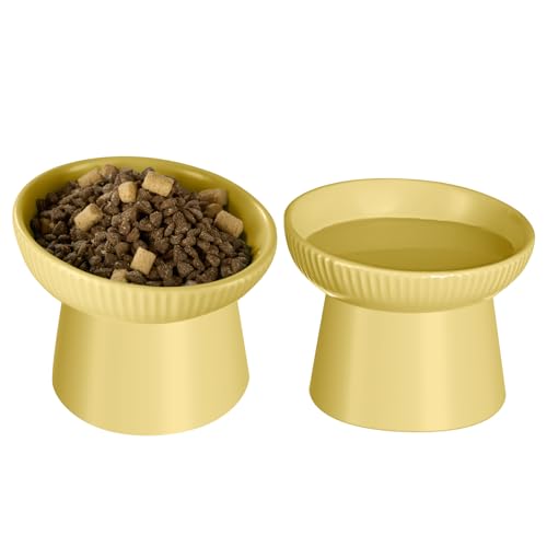 Ceramic Elevated Cat Bowls-Water Bowl, 15° Tilted Design, Anti-Vomiting & Spine Protection, Prevent Whisker Fatigue for Kittens to Adult Cats and Small Dogs (Yellow-15° Cat Bowls-2) - color: Yellow-15° Cat Bowls-2