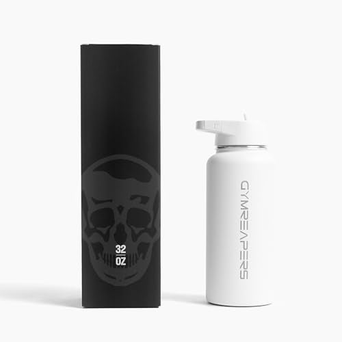 Gymreapers Insulated Water Bottle with Straw - 32 OZ Stainless Steel Water Bottles - BPA Free Metal Double Wall Vacuum Cold Hot Leakfree Flask Jug For Travel, Sports, Gym, School & Workout - color: White