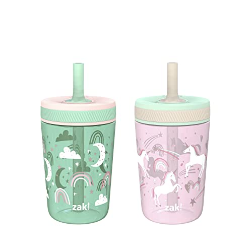 Zak Designs Kelso Toddler Cups For Travel or At Home, 15oz 2-Pack Durable Plastic Sippy Cups With Leak-Proof Design is Perfect For Kids (Fanciful Unicorn, Happy Skies) | BPA Free, Plastic, Sippy Cups, Cup Holder Friendly, Dishwasher Safe, Easy to Clean, F