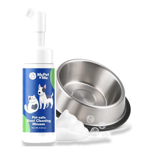 My Pet & Me Dog Bowl Cleaner Mousse, Built-in Scrub Brush, Enzyme Foam | Enzyme foam for slime & biofilm. Unscented, rinses clean. Steel, ceramic & plastic safe. Bowls, fountains & toys. 4.05 oz