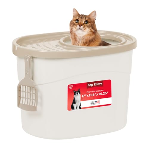 IRIS USA Large Top Entry Cat Litter Box, Hooded Privacy, Beige | Dog-Free Zone, Enclosed Top Access, Protected Interior, Dog Proof Pan, Odor Trapping, Reduced Tracking - color: White w/ Scoop