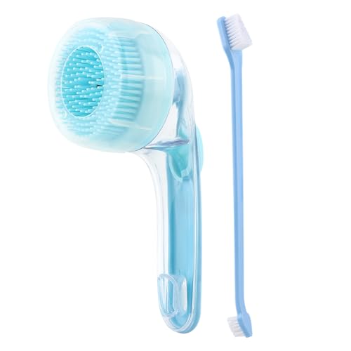 Pet Bath Brush, 2 in 1 Dog Bath Brush with Built-in Shampoo Dispenser, Pet Wash Brush with Double Head Toothbrush, Grooming Massage Brush for Dogs & Cats - color: Blue