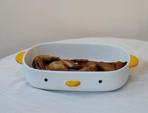 PURROOM Cute Duck Baking Dish, Ceramic Casserole Dish, White Porcelain Pie Pan, 10x7 in Medium Baking Pan with Handles, Oven Safe & Durable Bakeware for Lasagna. - size: 10x7'' Baking Dish