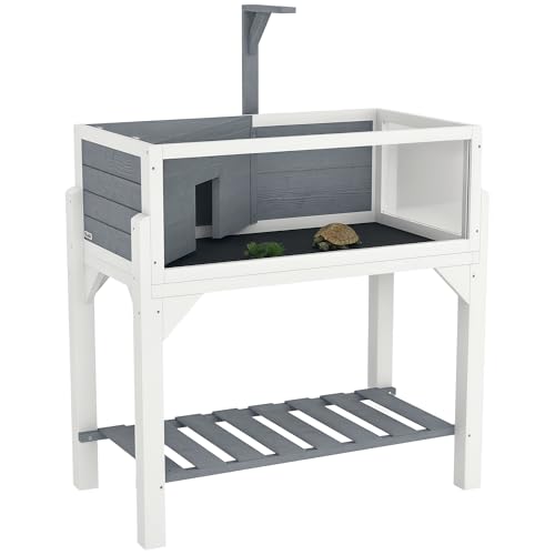 PawHut Tortoise Habitat with Storage Shelf, Wooden Tortoise Enclosure with Clear Windows, Lamp Holder, Openable Top, Built-in Tray, Reptile Cage for Indoor Outdoor Use, Gray | Wooden Tortoise Enclosure, Openable Top, Built-in Tray, Reptile Cage for Indoor