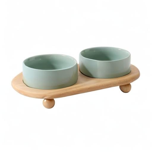 Havniva Raised Cat Bowl 5.1” Elevated Ceramic Cat Food and Water Bowl Set | Cat Bowls Elevated, Whisker Friendly Cat Bowl, Non-Slip Wood Stand, Food-Grade Ceramic, Wide Opening, Dishwasher Safe - color: 2 x Bowl + Stand - Light Green, size: 5.1inch
