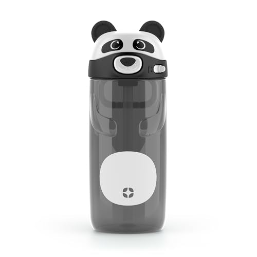 Ello Ellies 16oz BPA-Free Plastic Leakproof Kids Water Bottle, Panda | Animal shaped plastic kids water bottle with straw, leakproof locking lid, carry handle, & BPA-free design for school lunches - color: Panda, size: 16 Ounces