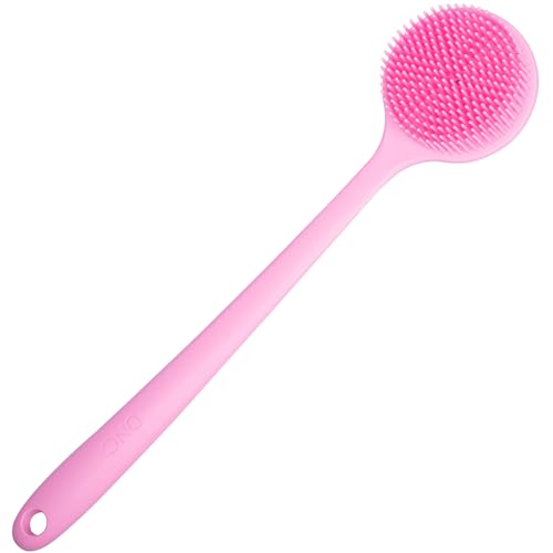DNC Silicone Back Scrubber for Shower, Soft Bath Body Brush with Long Handle (Pink) - color: Pink