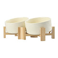 SPUNKYJUNKY 15° Slanted Ceramic Dog and Cat Bowl with Wooden Stand, Tilted Bulldog Food and Water Bowl No Slip Non-Spill for Cats Medium Dogs Big Face Pets 28.7 OZ (3.6 Cups, Beige × 2) - color: Beige, size: 3.6 CUPS × 2