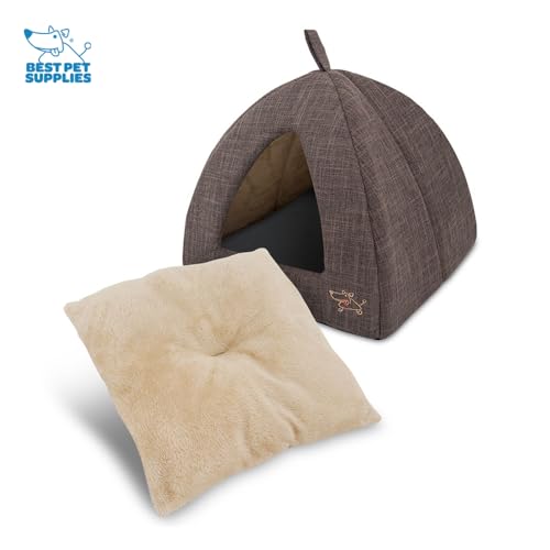 Best Pet Supplies Cat Bed for Indoor Cat, Domed Tent House with Removable Pillow, Covered Cat Cave for Small Dog, Puppies and All Breeds of Cats - Brown Linen, 16 x 16 x H:14" - color: Brown Linen, size: 16" x 16" x H:14"