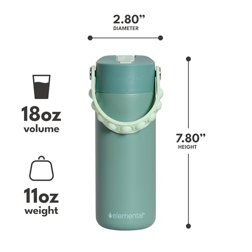 Elemental 100% Leak Proof When Spout is Closed Insulated Kids Water Bottle, Stainless Steel Bottle for School with Straw Lid & Pop-It Handle, Safari & Sage -18oz (2 Pack) - color: Safari and Sage