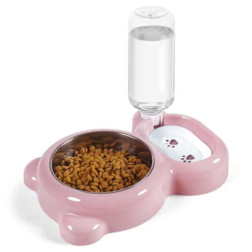 Dog Bowls, Cat Food and Water Bowl Set with Water Dispenser and Stainless Steel Bowl for Cats and Small Dogs - Pink - color: Pink