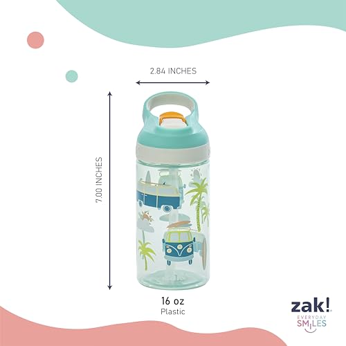 Zak Designs Atlantic Kids Water Bottle For School or Travel, 16oz Durable Plastic Water Bottle With Straw, Handle, and Leak-Proof, Pop-Up Spout Cover, 2-Pack (Surf Boards and Palm Trees) - color: Surf Boards and Palm Trees