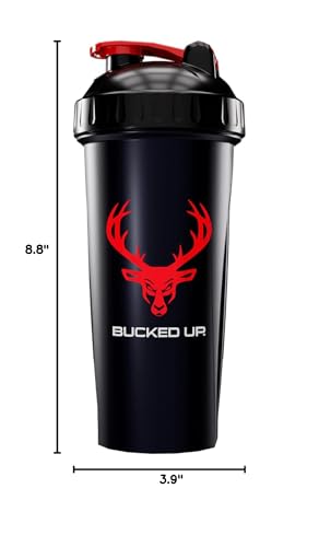 Bucked Up Perfect Shaker Bottle, 28oz, BPA-Free, Dishwasher Safe, Leak-Proof, Black Bottle with Red Buck Logo - color: Black/Red
