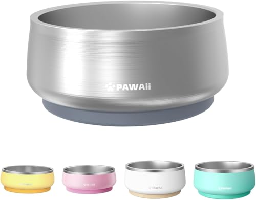 Pawaii Dog Bowl,34 oz Stainless Steel Food and Water Bowl,ID Tag,1 Pack | Double-Wall Design,Non-Slip Rubber Base,Dishwasher Safe,Smooth Open Design, Not a Slow Feeder,Easy-Rinse Interior - color: Silver Polish, size: 34oz