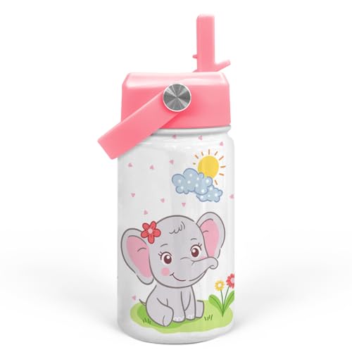 Elephant Water Bottle - Kids Water Bottle with Straw Lid - 12 Oz Insulated Stainless Steel Water Bottles for Kid Girl - Travel Cup for School Sports - color: Elephant