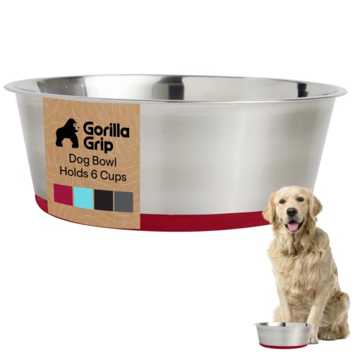 GORILLA GRIP Dog Bowl, Holds 6 Cups (48 fl oz), Food Grade 304 Stainless Steel Food and Water Bowl for Feeding Dogs and Cats, BPA Free Rubber Base, Easy Clean, Dishwasher Safe, Rust Resistant, Red - color: Red, size: 6 Cup (48 Oz)