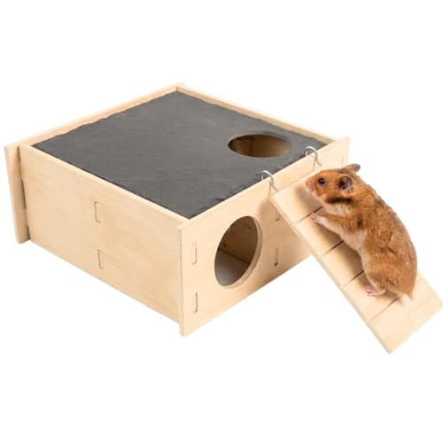 Wooden Hamster Hideout with Slate Rock Cooling Roof, 7.9" Large Hamster House and Hideouts with Climbing Ladder, Tunnel Enrichment Toys, Hamster Cage Accessories for Syrian, Dwarf, Gerbil, Mouse