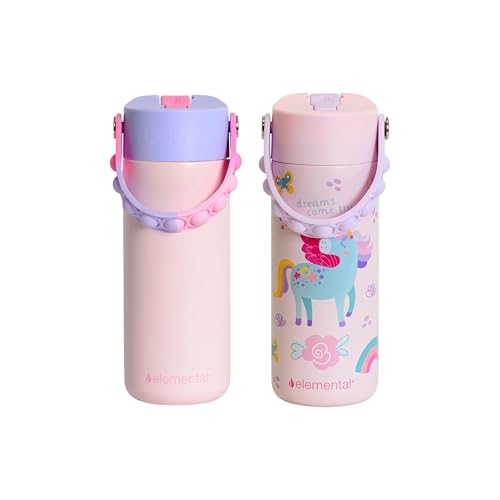 Elemental 100% Leak Proof When Spout is Closed Insulated Kids Water Bottle, Stainless Steel Bottle for School with Straw Lid & Pop-It Handle, Pink Tie Dye & Unicorn Rainbow -18oz (2 Pack) - color: Pink Tie Dye & Unicorn Rainbow