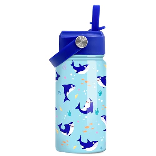 SANDJEST Shark Water Bottle - Kids Water Bottle with Straw Lid - 12 Oz Insulated Stainless Steel Water Bottles for Kid Boy - Travel Cup for School Sports - color: Shark 2
