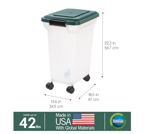 IRIS USA Remington WeatherPro Airtight Dog Food Storage Container, Up to 42 lbs, Attachable Wheels, For Dog Cat Bird and Other Pet Food Storage Bin, Keep Fresh, Translucent Body, Green - size: 42 lbs