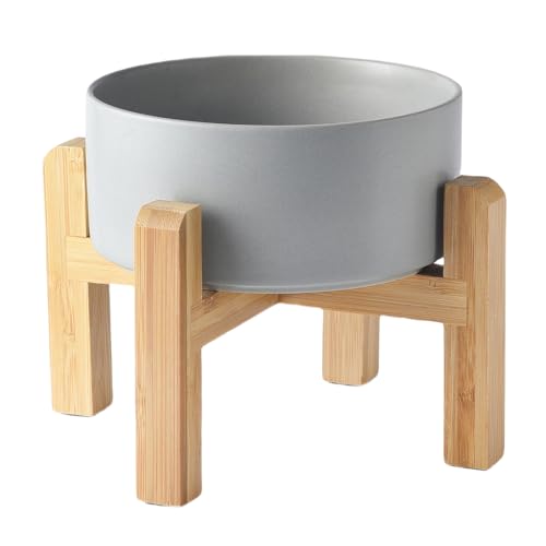 6'' Ceramic Raised Dog Bowl - 30Oz Dog Food & Water Bowl with Elevated Non-Slip Bamboo Stand, Dishwasher & Microwave Safe, Anti Vomiting Heavy Duty Pet Bowl for Small and Medium Dogs, Grey - color: 1 x Bowl + Stand - Grey, size: 6 inch