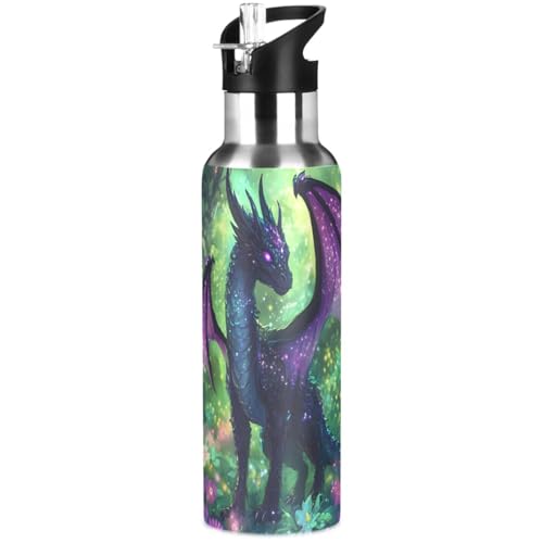 Purple Dragon Water Bottle Kids Insulated Sports Vacuum Stainless Steel Mug with Straw Lid & Handle 20 oz - color: A001