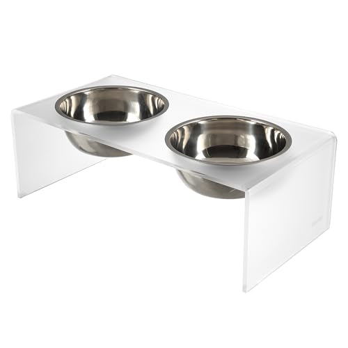 DBL2001K Keaton 7.5" Medium/Large Modern Acrylic Rectangular Elevated Pet Feeder with 54oz 2-Stainless Steel Bowls, Moon White/Chrome - color: Moon White/Chrome, size: 54 Ounces (7.5" Cups 2-Pack)