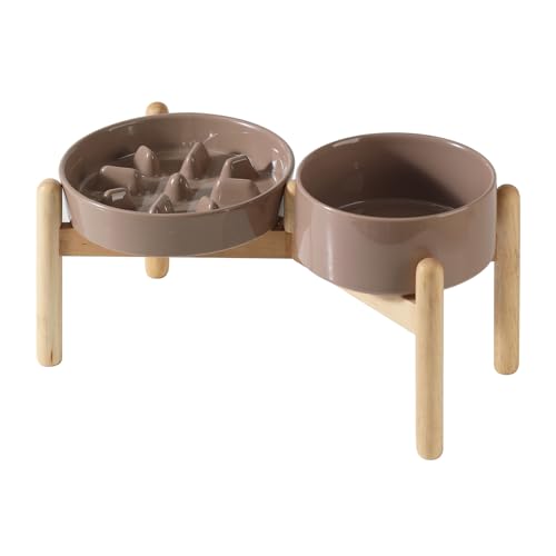Havniva Elevated Slow Feeder Dog Bowls, Ceramic Dog Bowl Slow Feeder Set | 1.2 Cups Raised Slow Feeder Dog Bowl for Small Breed, 6.1” Dog Water Bowl with Wooden Stand, Puzzle Dog Food Bowl, Non-slip - color: Brown Coffee