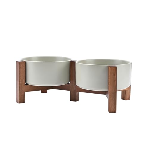 SPUNKYJUNKY Ceramic Dog Bowls with Acacia Wood Stand - Raised Dog Food and Water Bowl Set for Medium Dogs (28.74 OZ, Gray) - color: Gray, size: 28.74 Oz