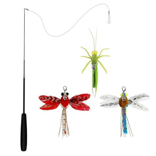 TTcat Cat Feather Wand Toys,Retractable Wand Toy with 3 Simulation Insects Dragonfly Grasshopper Refills,Interactive Cat Toy Kitten Toy for Indoor Cats to Play Chase Exercis.