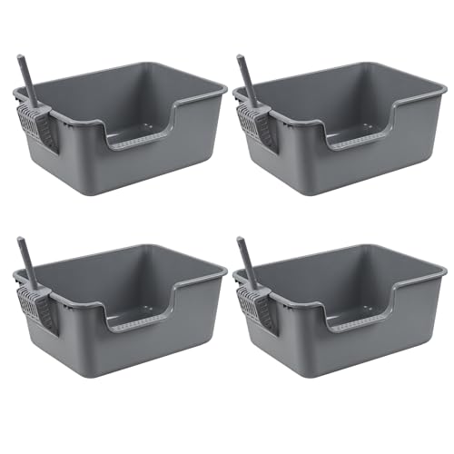 4 Packs Plastic Anti-Splashing Kitty Litter Box, Cat Litter Box High Sides, Grey
