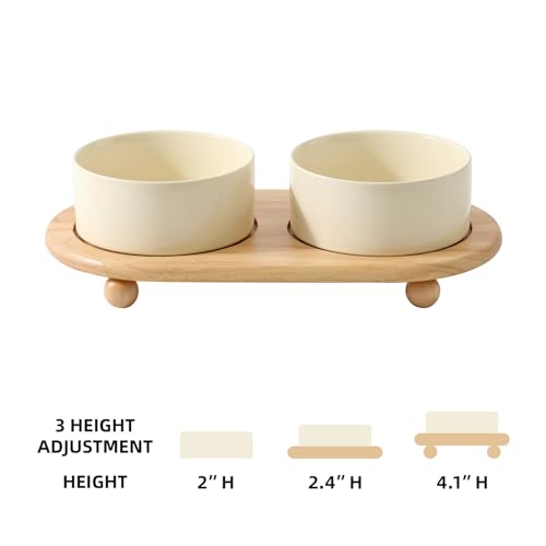 Havniva Raised Cat Bowl, 6.1” Elevated Ceramic Cat Food and Water Bowl Set | Cat Bowls Elevated, Whisker Friendly Cat Bowl, Non-Slip Wood Stand, Food-Grade Ceramic, Wide Opening, Dishwasher Safe - color: 2 x Bowl + Stand - Light Yellow, size: 6.1inch
