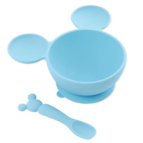 Bumkins Disney Baby Bowl, Silicone Feeding Set with Suction for Baby and Toddler, Includes Spoon and Lid, Essentials for Baby Led Weaning,for Babies 4 Months, Mickey Mouse Light Blue - color: C4 Mickey Mouse LBlu, style: Disney