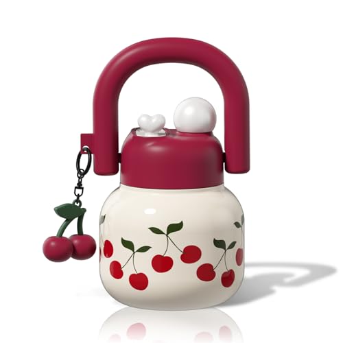 22 oz Insulated Stainless Steel Water Bottle with Handle, Cherry | Cute design with durable 316L stainless steel, dual sip, keeps drinks hot or cold longer, travel and everyday hydration - color: White