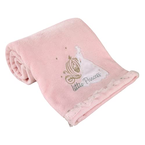 Disney Princess Enchanting Dreams Pink Cinderella Applique and Embroidered Super Soft Baby Blanket with a Silver Sparkle Organza Trim - color: Princess Enchanting Dreams