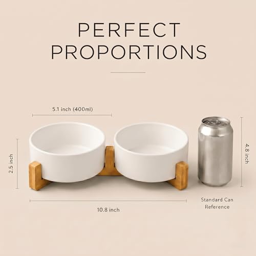 SPUNKYJUNKY Ceramic Dog and Cat Bowl with Wood Stand Non-Slip Matte Glaze Weighted Food Water Set for Cats &Small Dogs 13.5 OZ - color: White × 2, size: 1.7 cups
