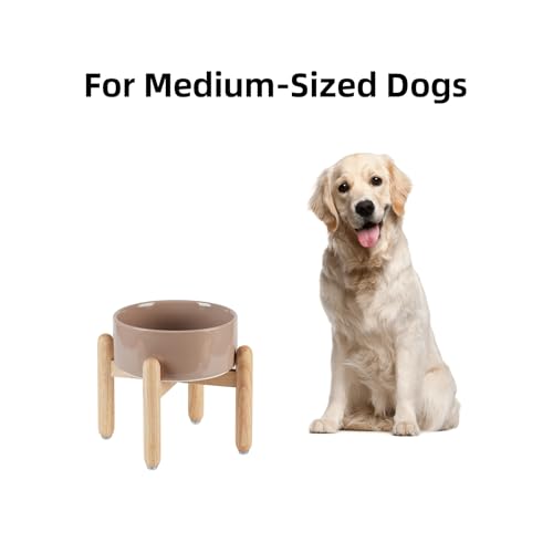 Havniva Elevated Dog Bowls Ceramic Dog Bowls with Stand, Dog Food Bowl | 7.3” Raised Dog Bowls with Non-Slip Wood Stand, Dog Food and Water Bowl Set, Dog Feeding Bowls for Medium Dogs - color: Bowl+Stand - Brown Coffee, size: 7.3inch