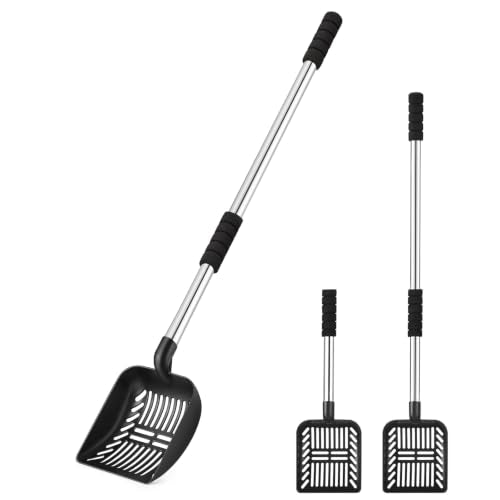 Metal Cat Litter Scoop: 32.3in Long Handle Litter Scooper | Heavy Duty Stainless Steel Pooper Scooper w/Deep Shovel-Detachable Non Stick Litter Sifter w/Foam Padded Grip-No Bending Back - color: black shovel