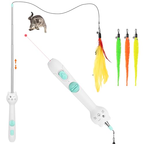 TBTeek Cat Toys Retractable Pole Wand Toy with Feather for Indoor Cats | with Light and 22" Retractable Pole with Feather,Rechargeable,5 Modes, 2in1 Interactive Wand Toy 3 Refills - size: 1pc red light with fish pole