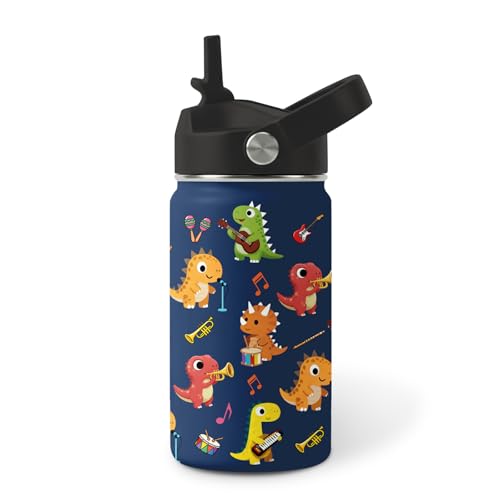 Music Dinosaur Water Bottle for Son, Stainless Steel Insulated Tumbler with Straw Lid and Handle, 12oz Reusable Leak-Proof Bottle for Sports - color: Dinosaur-Letter