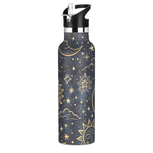 Boho Sun Moon Insulated Water Bottle with Straw Lid,Vacuum Stainless Steel Mug Leakproof Tumbler Flask Kids Water Bottle for Sports Travel School,20oz - color: Boho Sun Moon