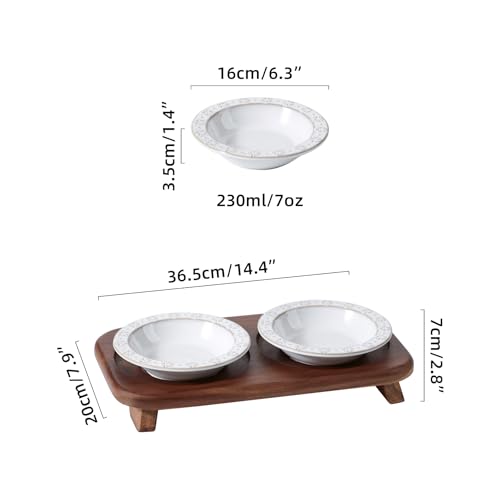 Havniva Ceramic Cat Food Bowl, 6.1" Raised Cat Bowls with Acacia Wood Stand | Elevated Cat Bowls, Whisker Friendly, Extra Wide Opening, Aesthetic Cat Dishes, Elegant Pet Bowls, Food-grade Ceramic, Kitten - color: 2 Dishes+Stand- Arctic White