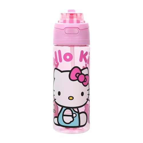 Bioworld Hello Kitty Mushrooms & Milkshake Pink 24 Oz Plastic Water Bottle With Dual Spout Lid - color: Hello Kitty Mushrooms & Milkshake