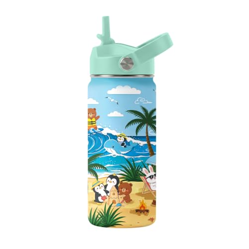 Summer Beach 16 oz Water Bottle with Straw – Stainless Steel Vacuum Insulated Cup, Leakproof Straw Lid, Reusable Travel Mug for Outdoor Sports - color: Beach1